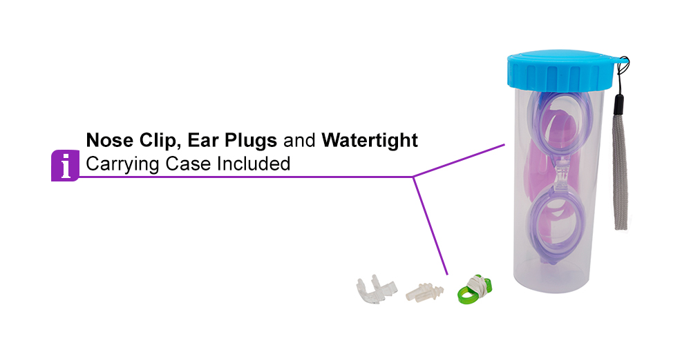 Benson Prescription Swimming Goggles Purple - Nose Clip, Ear Plugs and Watertight Case Included 