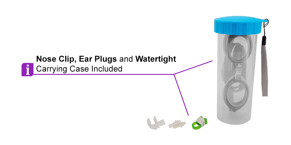 Benson Prescription Swimming Goggles Grey - Nose Clip, Ear Plugs and Watertight Case Included 