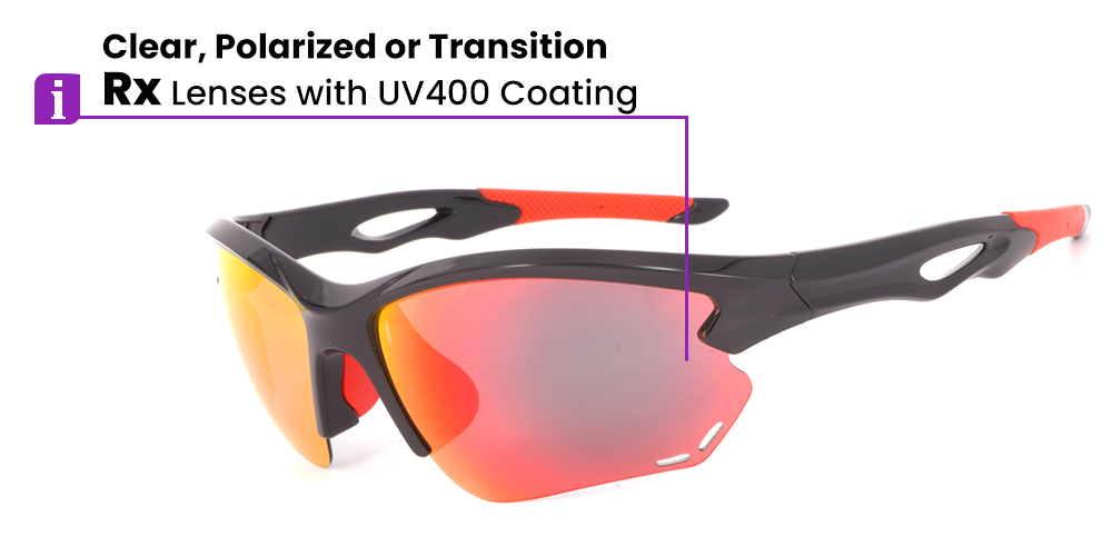 Steele Prescription Sports Glasses Black Red - Cycling, Fishing, Jogging and Baseball Sunglasses - Polarized or Transition Lenses